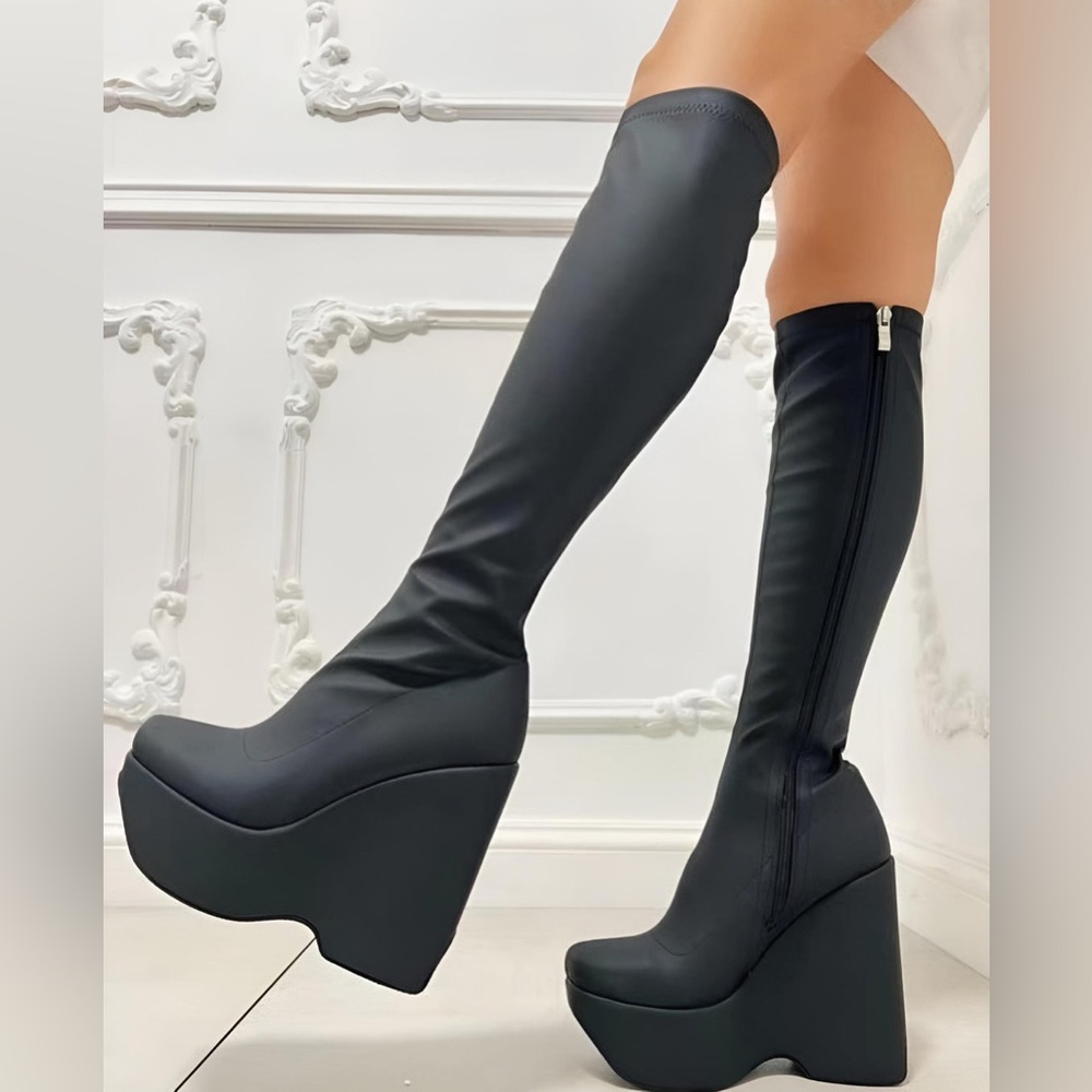 Vivianly Platform Black Round Toe Wedge Chunky Heels Knee High Boots Size